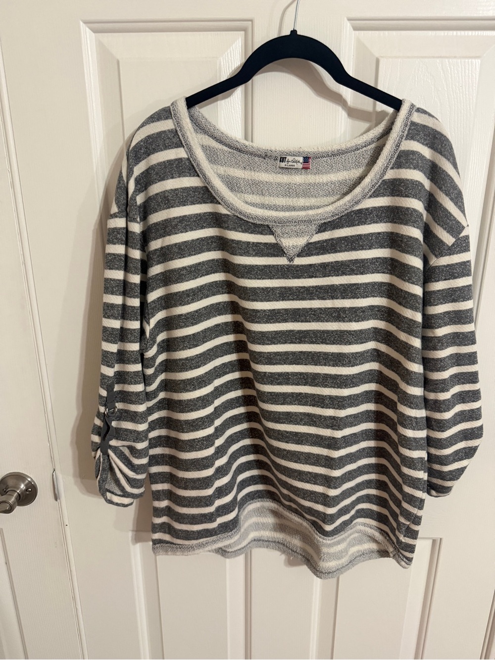 KUT from the Kloth XL Gray Ivory Stripe Cotton French Terry Pullover